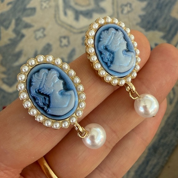 Anthropologie Jewelry - Vintage Blue Cameo Pearl Earrings